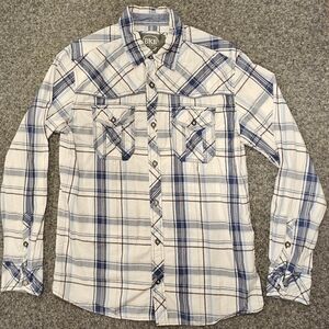 BKE Men's White and Blue Plaid Shirt
